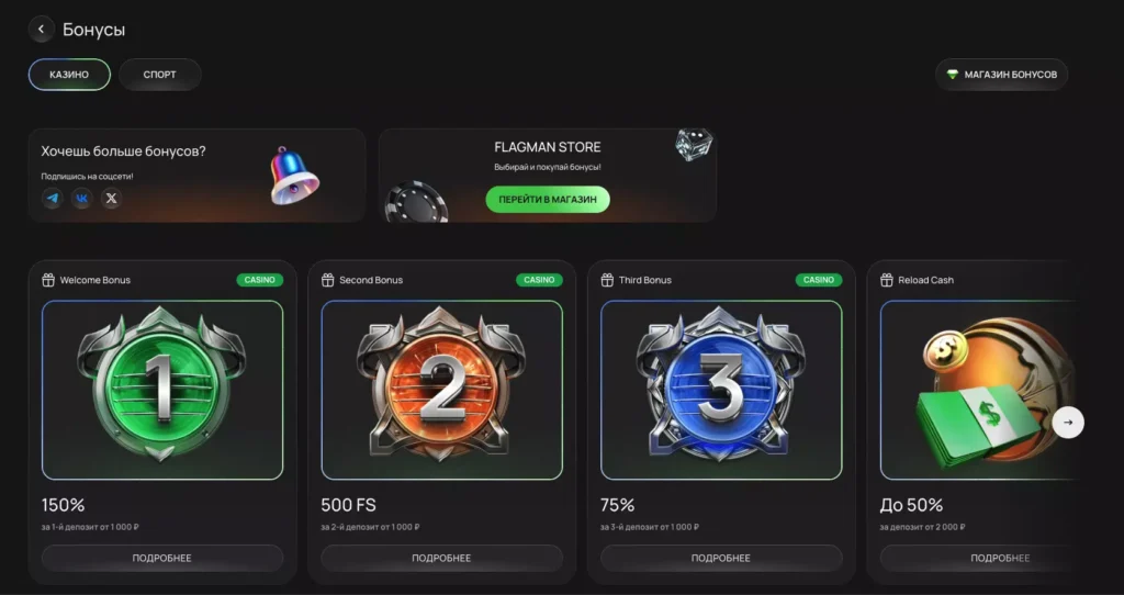 Бонусы Flagman Casino за регистрацию