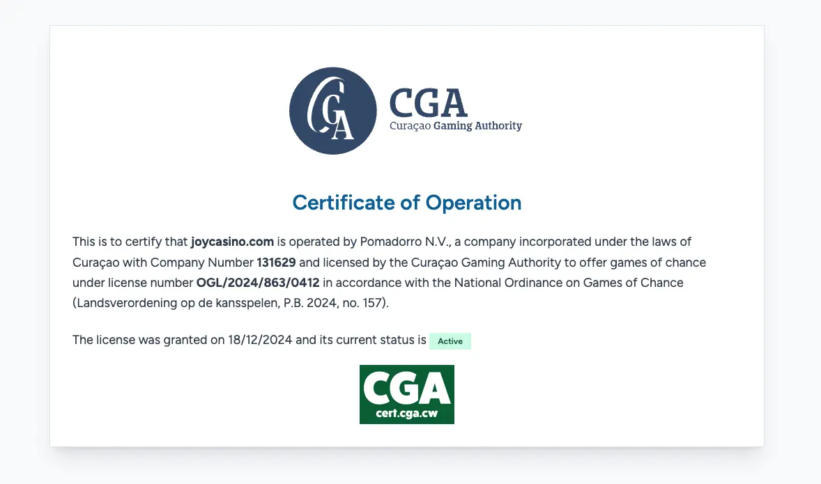 Официальная лицензия Joycasino